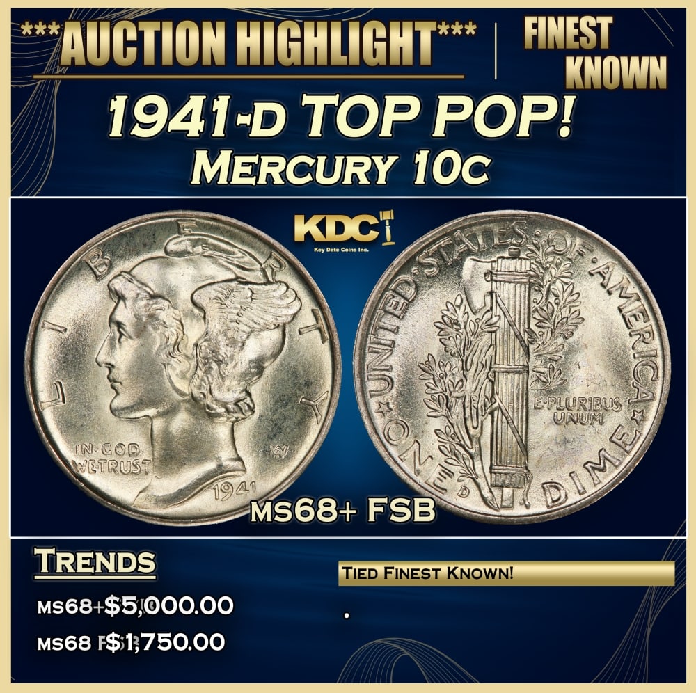 1941-d Mercury Dime TOP POP! 10c ms68+ FSB SEGS: 1941-d TOP POP! Mercury Dime 10c ms68+ FSB SEGS.