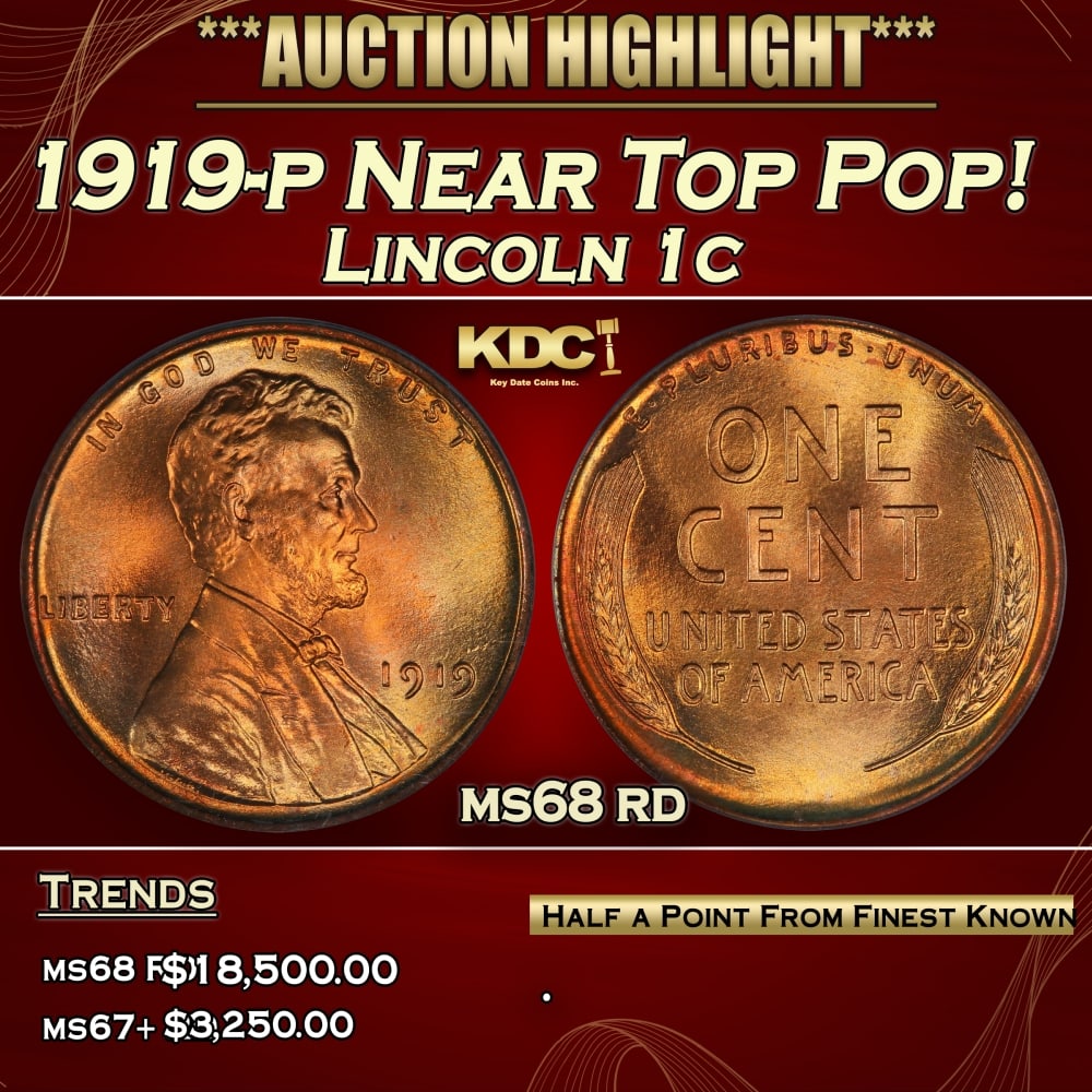 1919-p Lincoln Cent Near Top Pop! 1c ms68 rd SEGS (1 of 3)