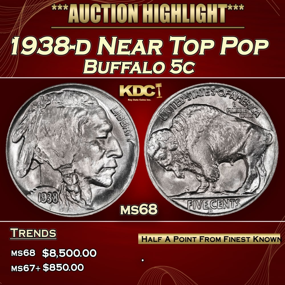 1938-d Buffalo Nickel Near Top Pop 5c ms68 SEGS: 1938-d Near Top Pop Buffalo Nickel 5c ms68 SEGS.