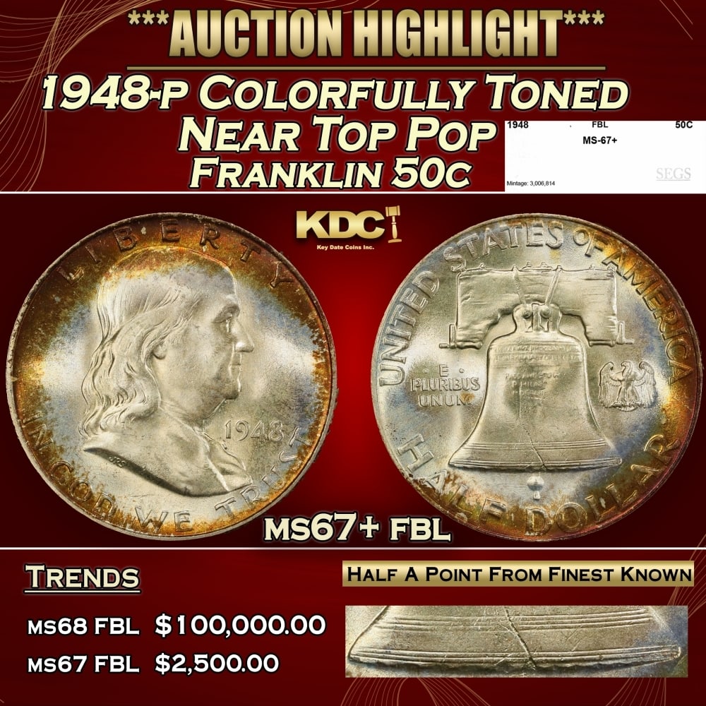 1948-p Franklin Half Dollar Colorfully Toned Near Top Pop 50c ms67+ fbl SEGS: 1948-p Colorfully Toned Near Top Pop Franklin Half Dollar 50c ms67+ fbl SEGS. 0