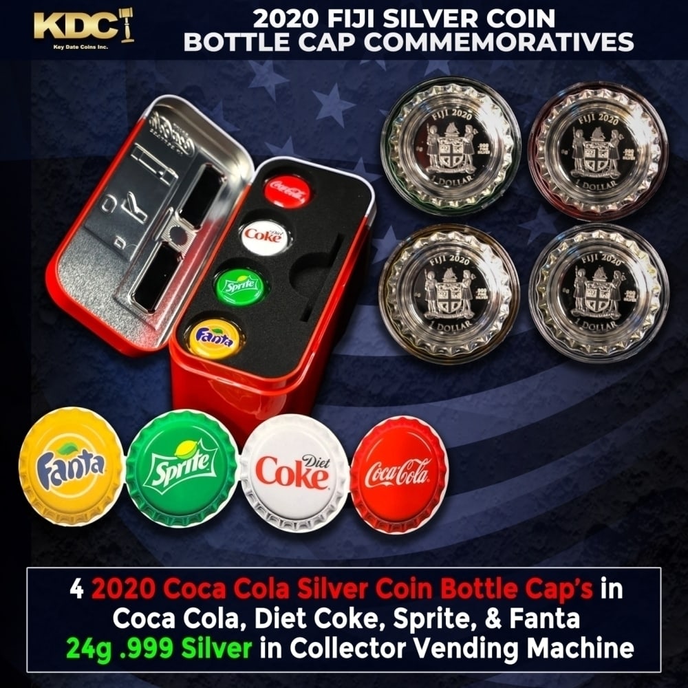 2020 4 Silver Coin Botte Cap Ser Coca Cola, Diet Coke, Sprite, Fanta Commerative Coin 24g .999: 2020 4 Silver Coin Botte Cap Ser Coca Cola, Diet Coke, Sprite, Fanta Commerative Coin 24g .999 Silver in Collector Vending Machine. Historic precious metal trends is causing increased spot pricing by 