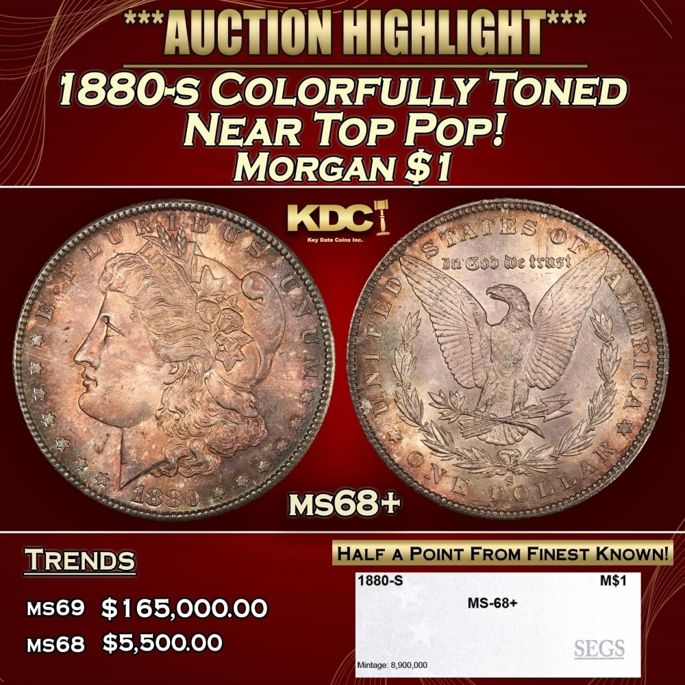 1880-s Morgan Dollar Colorfully Toned Near Top Pop! $1 ms68+ SEGS: 1880-s Colorfully Toned Near Top Pop! Morgan Dollar $1 ms68+ SEGS. 0