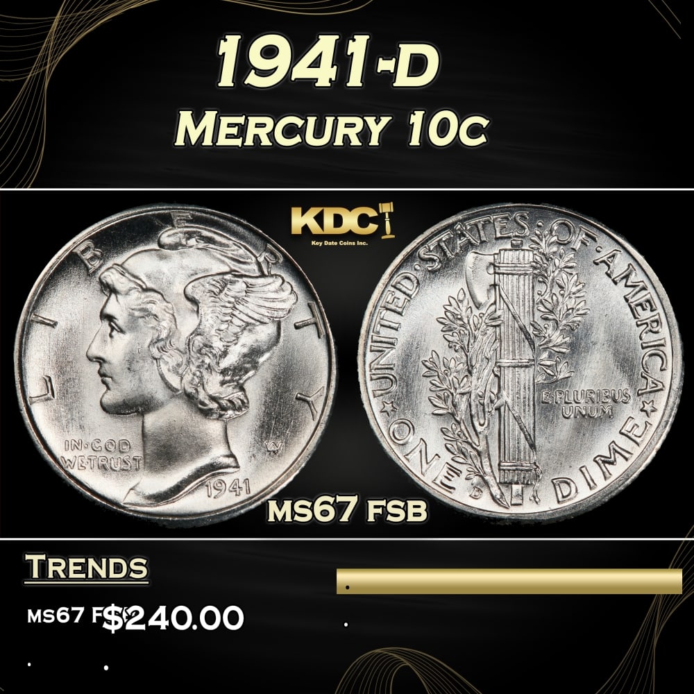 1941-d Mercury Dime 10c ms67 fsb SEGS: 1941-d Mercury Dime 10c ms67 fsb SEGS.