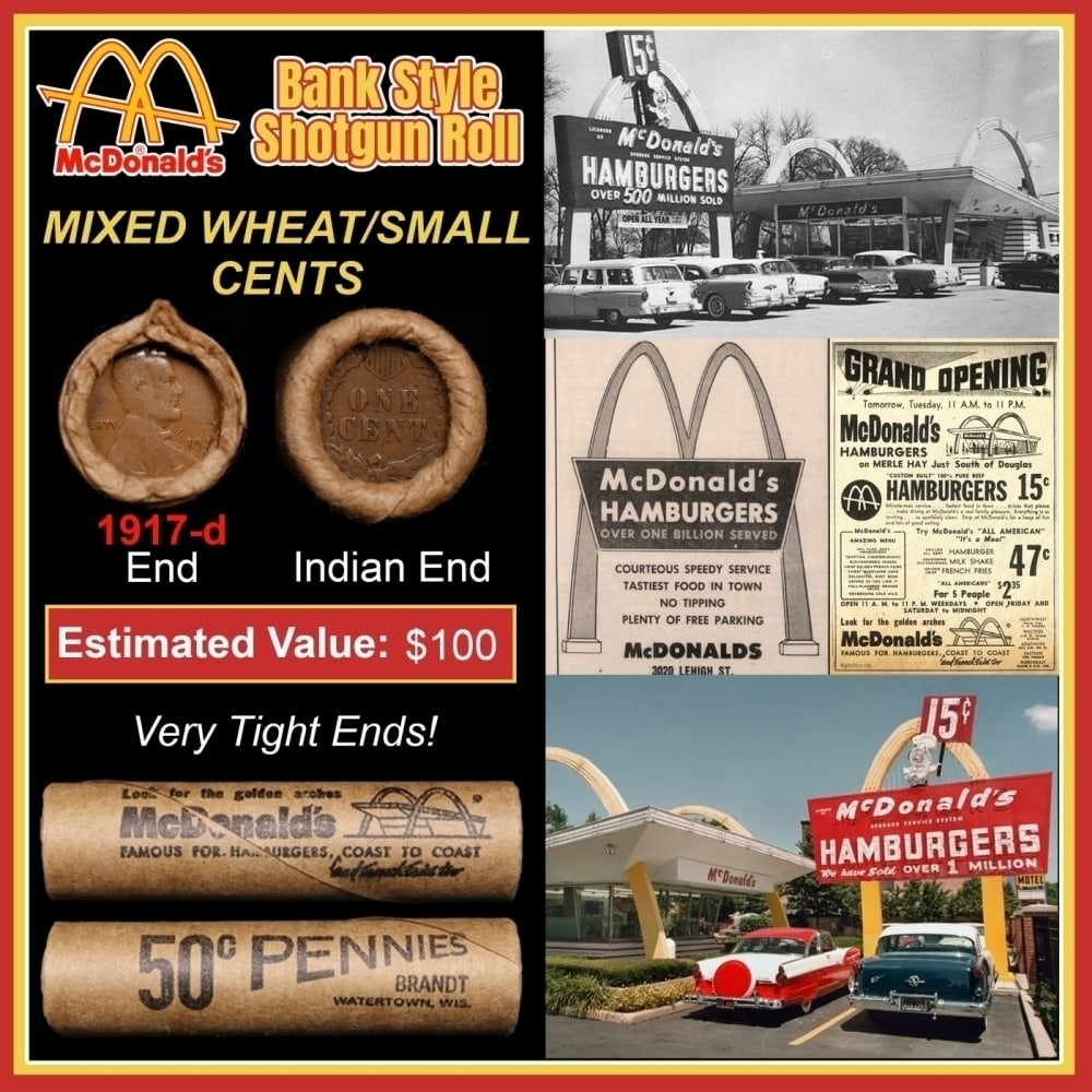 Lincoln Wheat Cent 1c Mixed Roll Orig Brandt McDonalds Wrapper, 1917-d end, Indian other end: Lincoln Wheat Cent 1c Mixed Roll Orig Brandt McDonalds Wrapper, 1917-d end, Indian other end. Lincoln Wheat Cent 1c mixed original Shotgun Roll. Actual roll pictured is the roll you will get. A great 