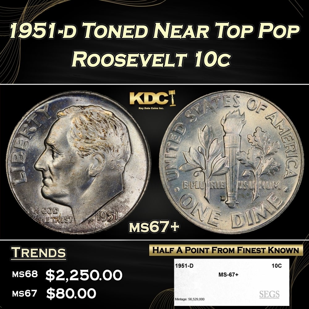 1951-d Roosevelt Dime Toned Near Top Pop 10c ms67+ SEGS: 1951-d Toned Near Top Pop Roosevelt Dime 10c ms67+ SEGS. 0