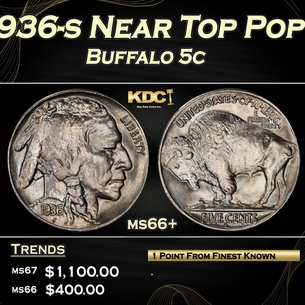 1936-s Buffalo Nickel Near Top Pop 5c ms66+ SEGS: 1936-s Near Top Pop Buffalo Nickel 5c ms66+ SEGS.