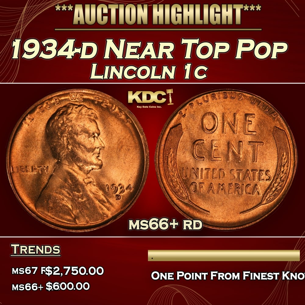 1934-d Lincoln Cent Near Top Pop 1c ms66+ rd SEGS (1 of 3)