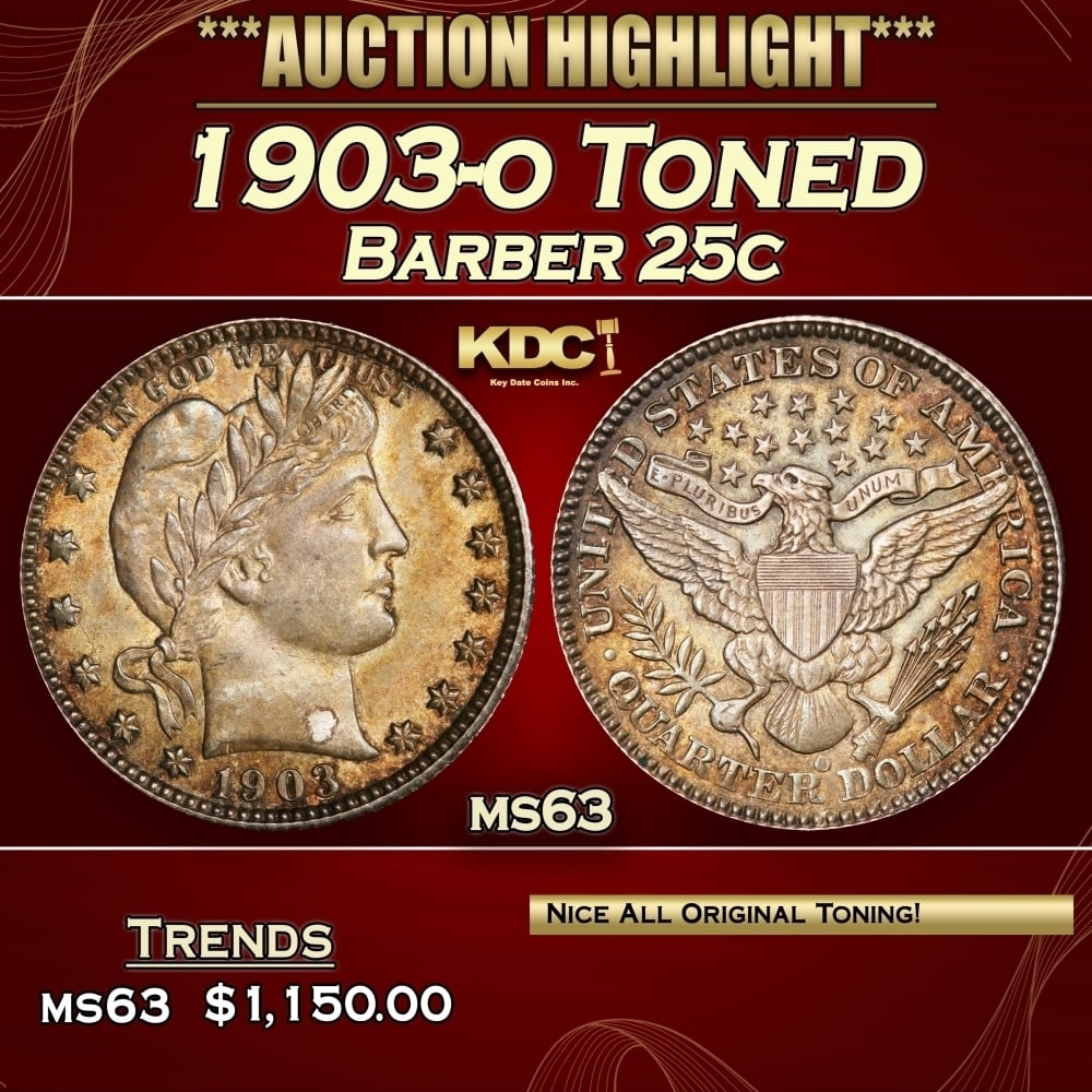 1903-o Barber Quarter Toned 25c ms63 USCG: 1903-o Toned Barber Quarter 25c ms63 USCG. One of the Most Undervalued coins in the entire Barber Series, per David Lawrence in his Book "The Complete Guide to barber Quarters" Quoting him "this date 