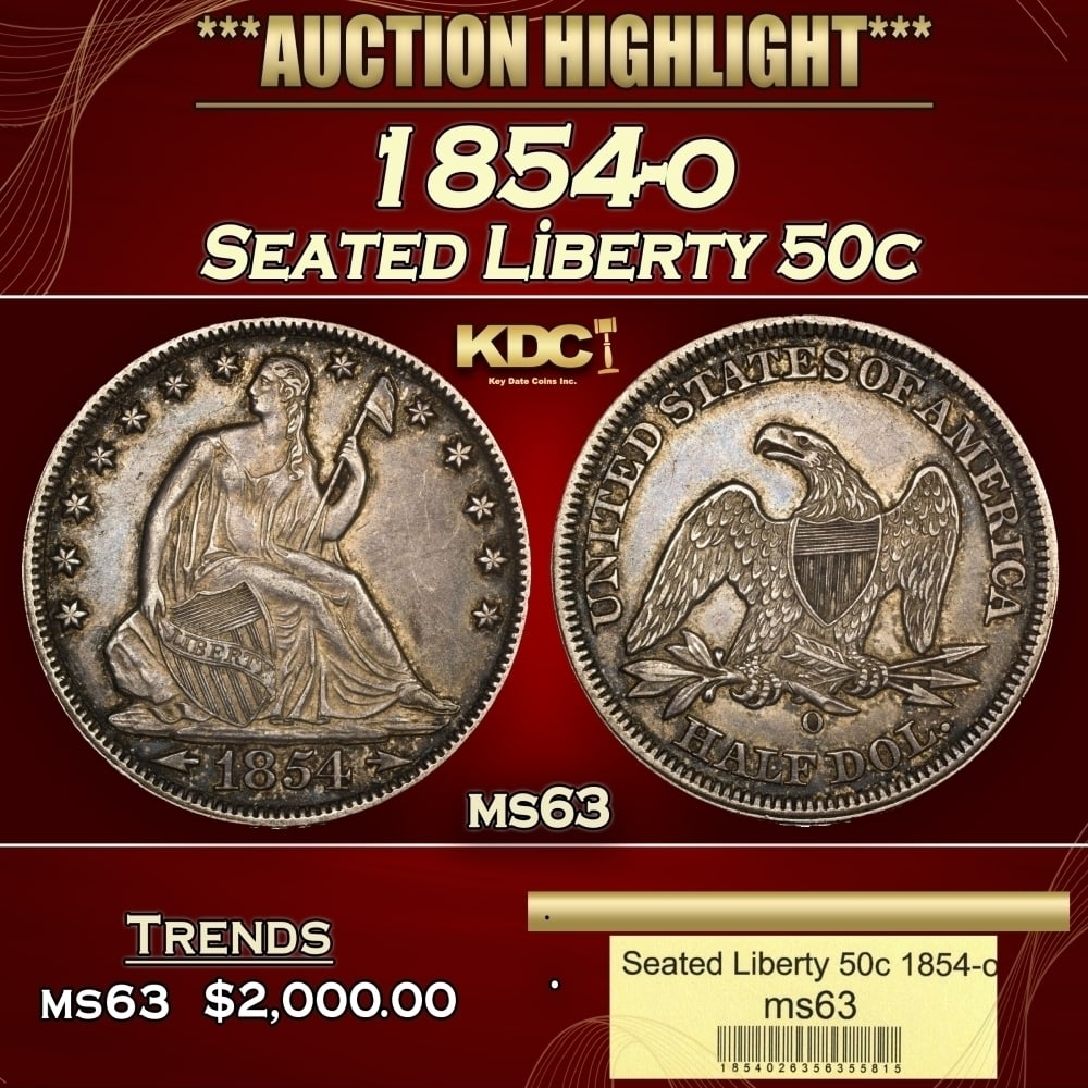 1854-o Seated Half Dollar 50c ms63 USCG: 1854-o Seated Half Dollar 50c ms63 USCG. 0