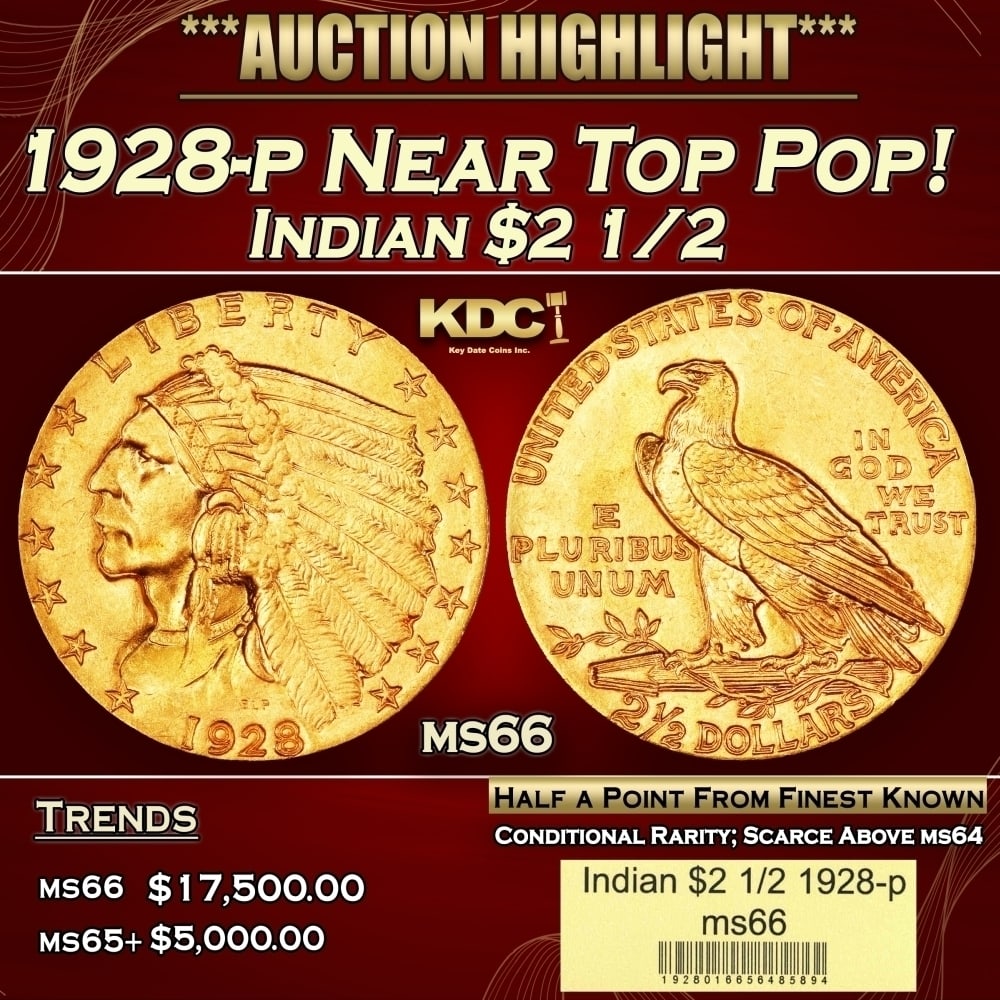 1928-p Gold Indian Quarter Eagle Near Top Pop! $2 1/2 ms66 USCG: 1928-p Near Top Pop! Gold Indian Quarter Eagle $2 1/2 ms66 USCG. Per David Akers of PCGS" The 1928 is slightly more rare overall than the 1926 and 1927 and although MS-63 or lesser quality specimens a