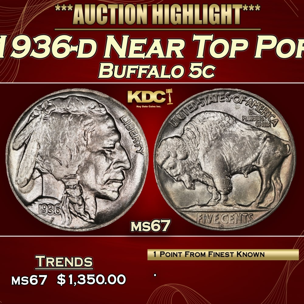 1936-d Buffalo Nickel Near Top Pop 5c ms67 SEGS: 1936-d Near Top Pop Buffalo Nickel 5c ms67 SEGS.