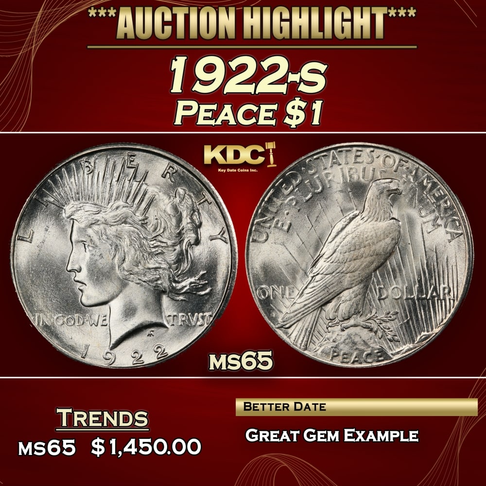 1922-s Peace Dollar $1 ms65 SEGS: 1922-s Peace Dollar $1 ms65 SEGS. 0