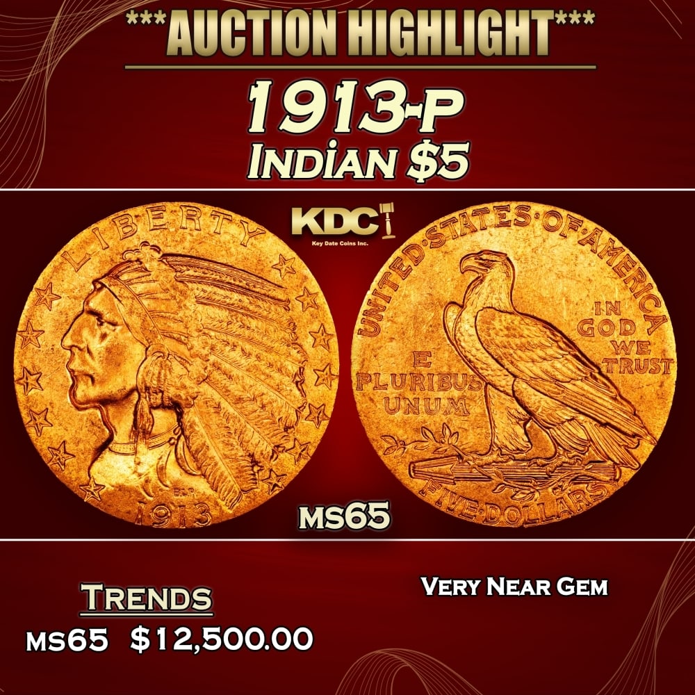 1913-p Gold Indian Half Eagle $5 ms65 USCG: 1913-p Gold Indian Half Eagle $5 ms65 USCG. 0