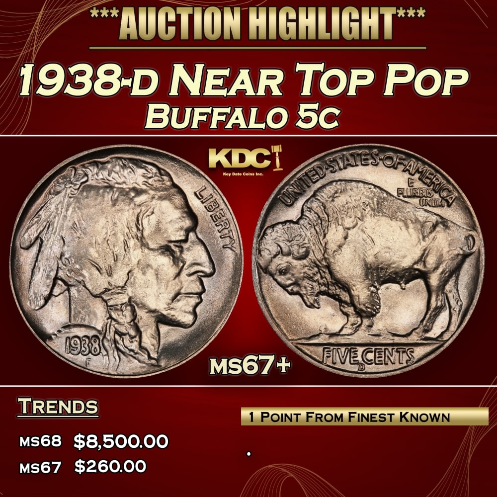 1938-d Buffalo Nickel Near Top Pop 5c ms67+ SEGS: 1938-d Near Top Pop Buffalo Nickel 5c ms67+ SEGS. 0