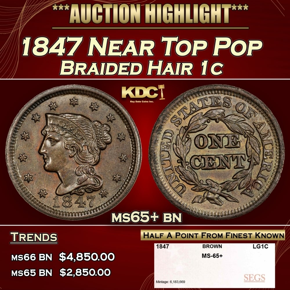 1847 Braided Hair Large Cent Near Top Pop 1c ms65+ bn SEGS (1 of 4)