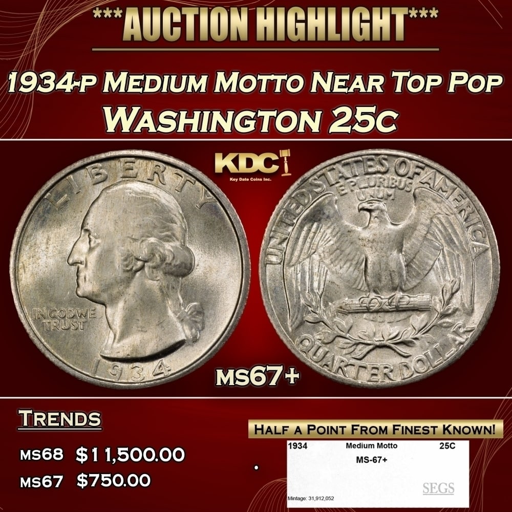 1934-p Medium Motto Washington Quarter Near Top Pop 25c ms67+ SEGS: 1934-p Medium Motto Near Top Pop Washington Quarter 25c ms67+ SEGS. 0
