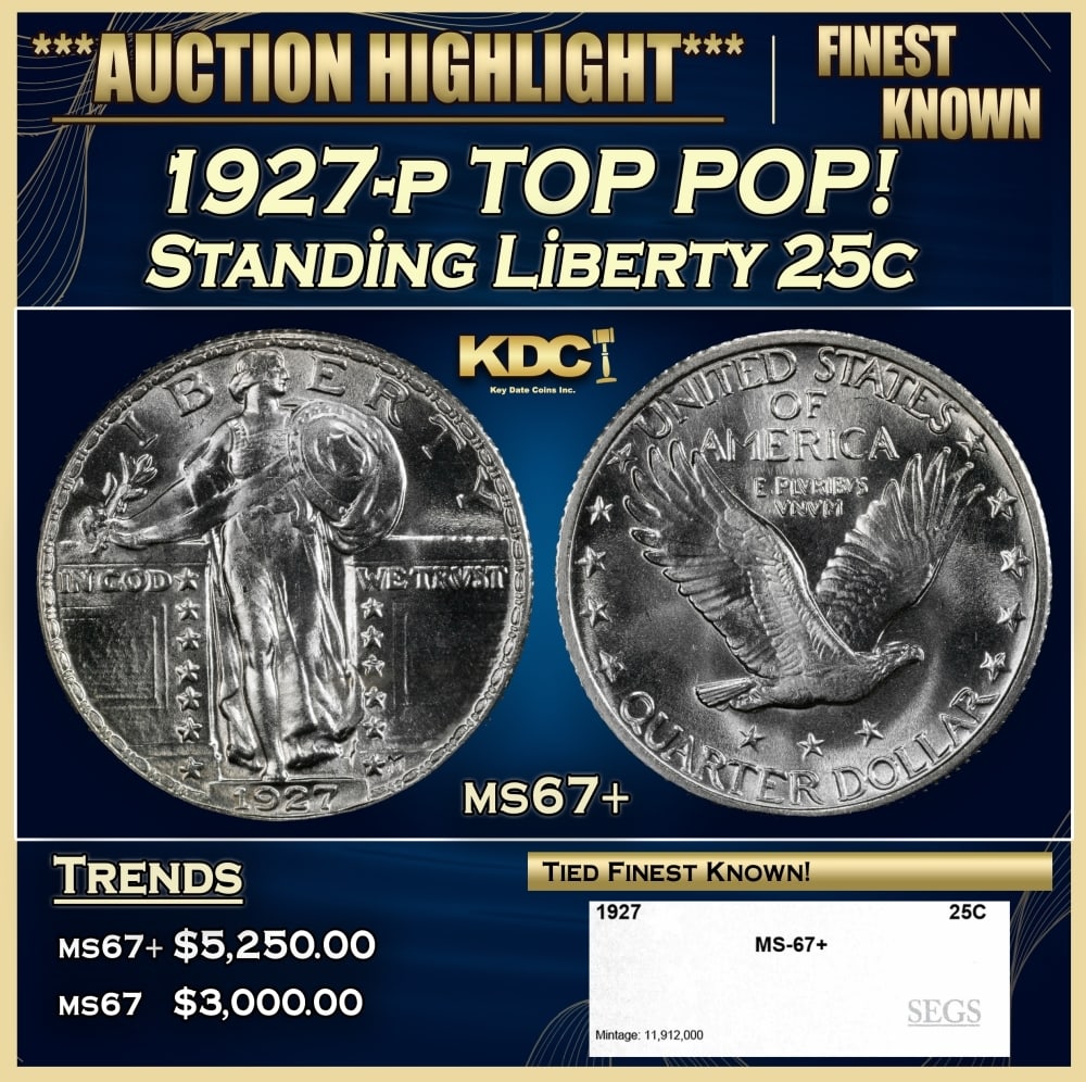 1927-p Standing Liberty Quarter TOP POP! 25c ms67+ SEGS: 1927-p TOP POP! Standing Liberty Quarter 25c ms67+ SEGS. 0