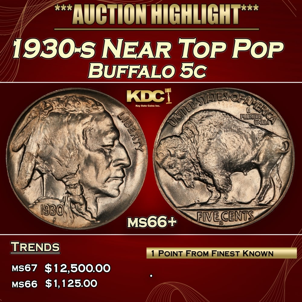 1930-s Buffalo Nickel Near Top Pop 5c ms66+ SEGS: 1930-s Near Top Pop Buffalo Nickel 5c ms66+ SEGS. 0