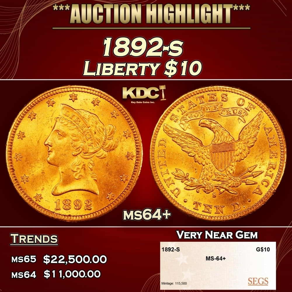 1892-s Gold Liberty Eagle $10 ms64+ SEGS: 1892-s Gold Liberty Eagle $10 ms64+ SEGS. 0