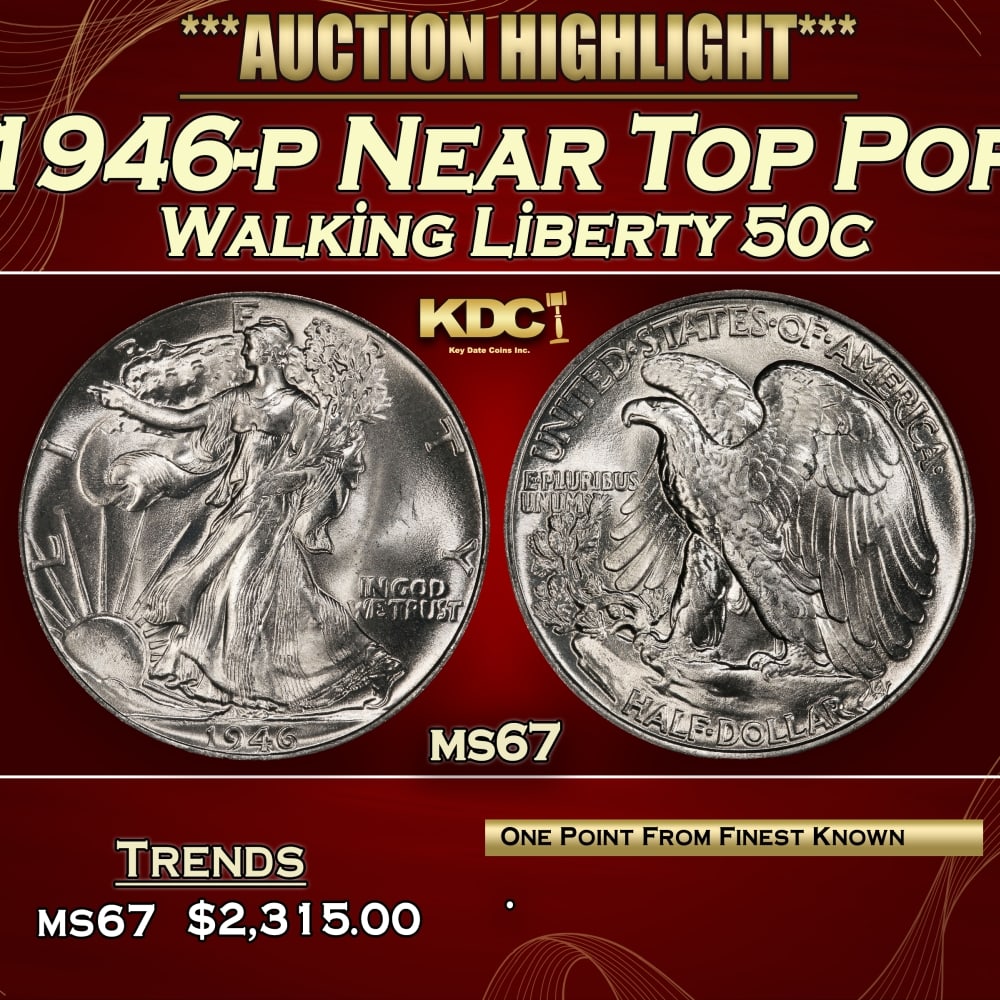 1946-p Walking Liberty Half Dollar Near Top Pop 50c ms67 SEGS: 1946-p Near Top Pop Walking Liberty Half Dollar 50c ms67 SEGS.