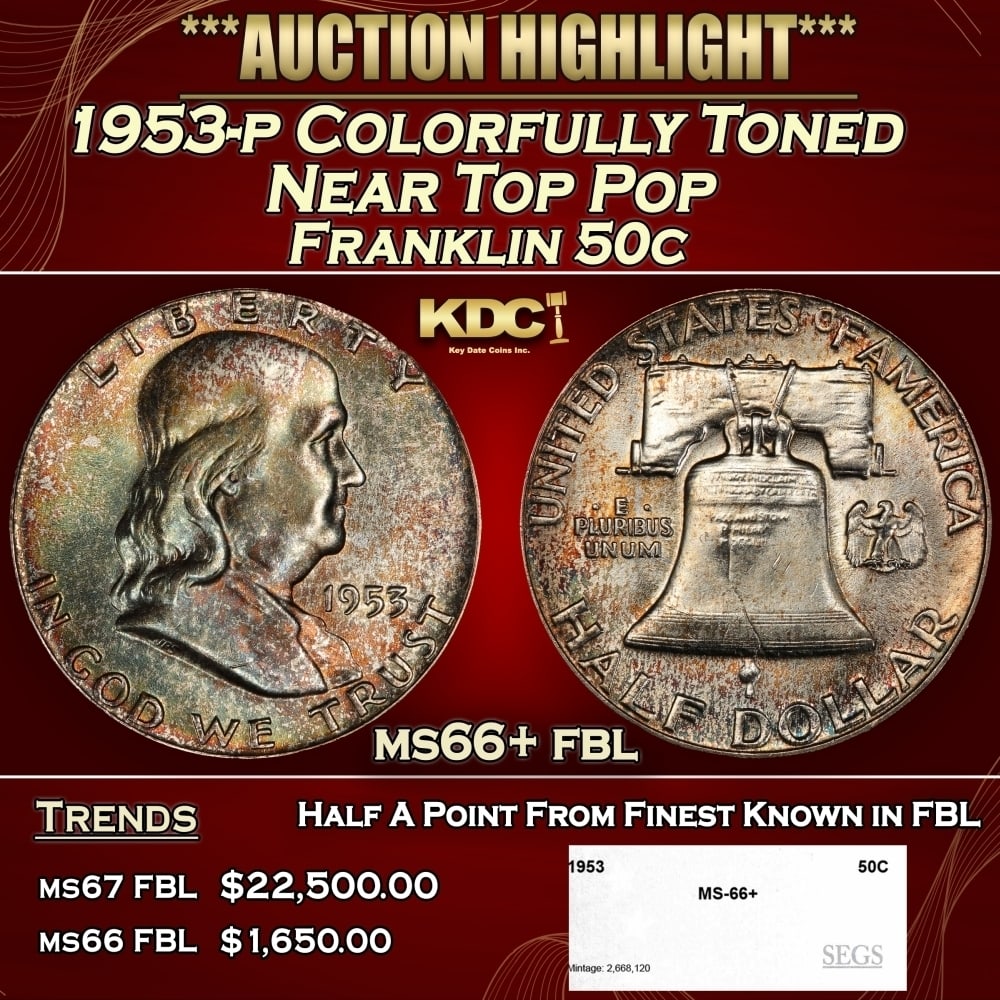 1953-p Franklin Half Dollar Colorfully Toned Near Top Pop 50c ms66+ fbl SEGS: 1953-p Colorfully Toned Near Top Pop Franklin Half Dollar 50c ms66+ fbl SEGS. 0