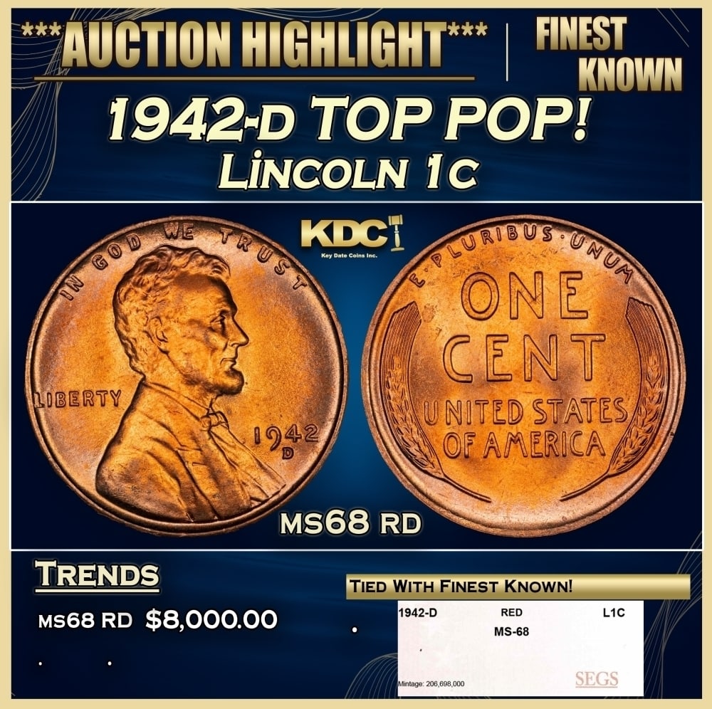 1942-d Lincoln Cent TOP POP! 1c ms68 rd SEGS: 1942-d TOP POP! Lincoln Cent 1c ms68 rd SEGS. 0