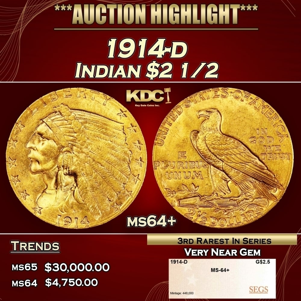 1914-d Gold Indian Quarter Eagle $2 1/2 ms64+ SEGS: 1914-d Gold Indian Quarter Eagle $2 1/2 ms64+ SEGS. Per David Akers Of PCGS "he 1914-D is the third rarest issue of the series but there is more of a difference in rarity between it and the two dates 