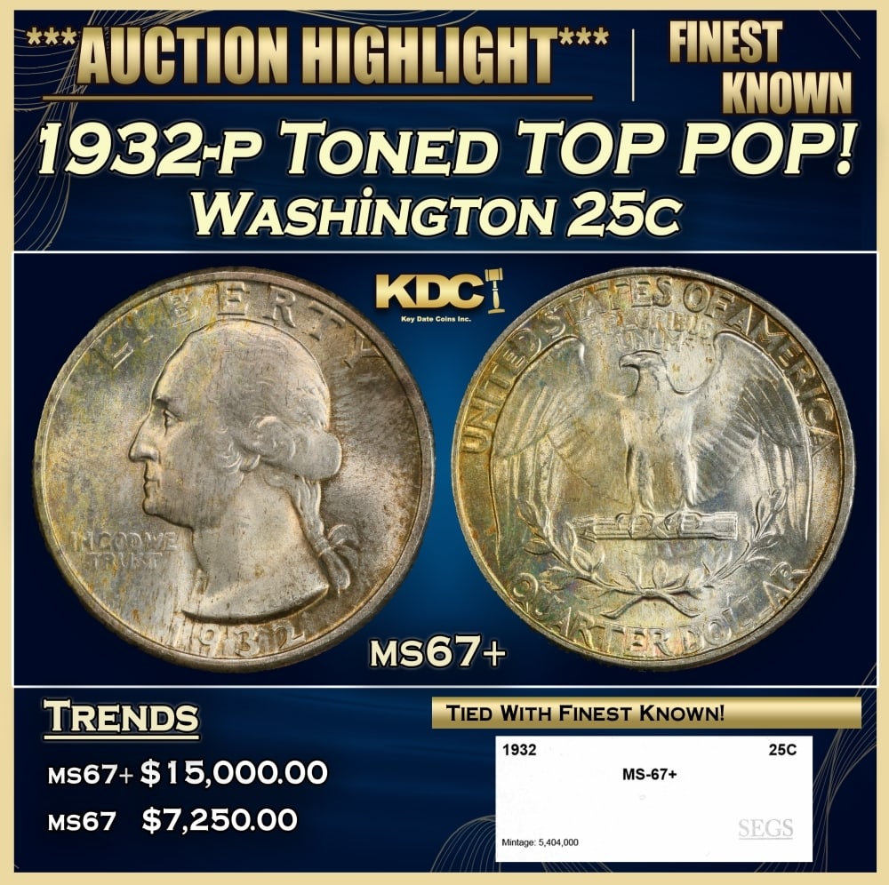 1932-p Washington Quarter Toned TOP POP! 25c ms67+ SEGS: 1932-p Toned TOP POP! Washington Quarter 25c ms67+ SEGS. 0