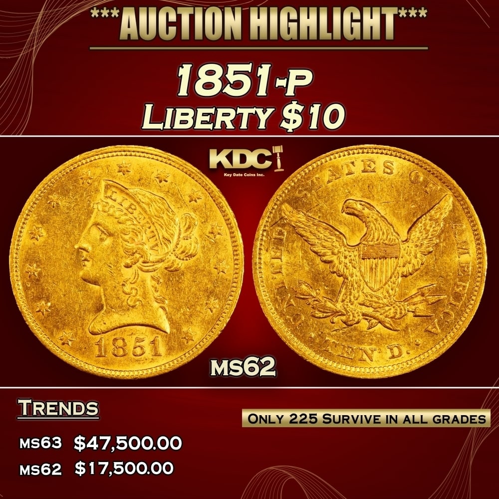 1851-p Gold Liberty Eagle $10 ms62 USCG: 1851-p Gold Liberty Eagle $10 ms62 USCG. 0 Per David Akers Of PCGS "This date is rare and underrated in all grades. Strictly uncirculated examples are very rare and most available specimens grade only