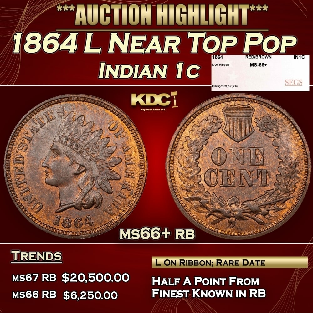 1864 L Indian Cent Near Top Pop 1c ms66+ rb SEGS: 1864 L Near Top Pop Indian Cent 1c ms66+ rb SEGS. 0