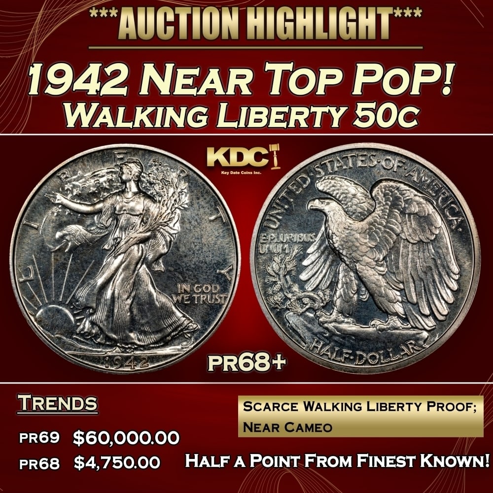 1942 Proof Walking Liberty Half Dollar Near Top PoP! 50c pr68+ SEGS: 1942 Near Top PoP! Walking Liberty Half Dollar 50c pr68+ SEGS. 0