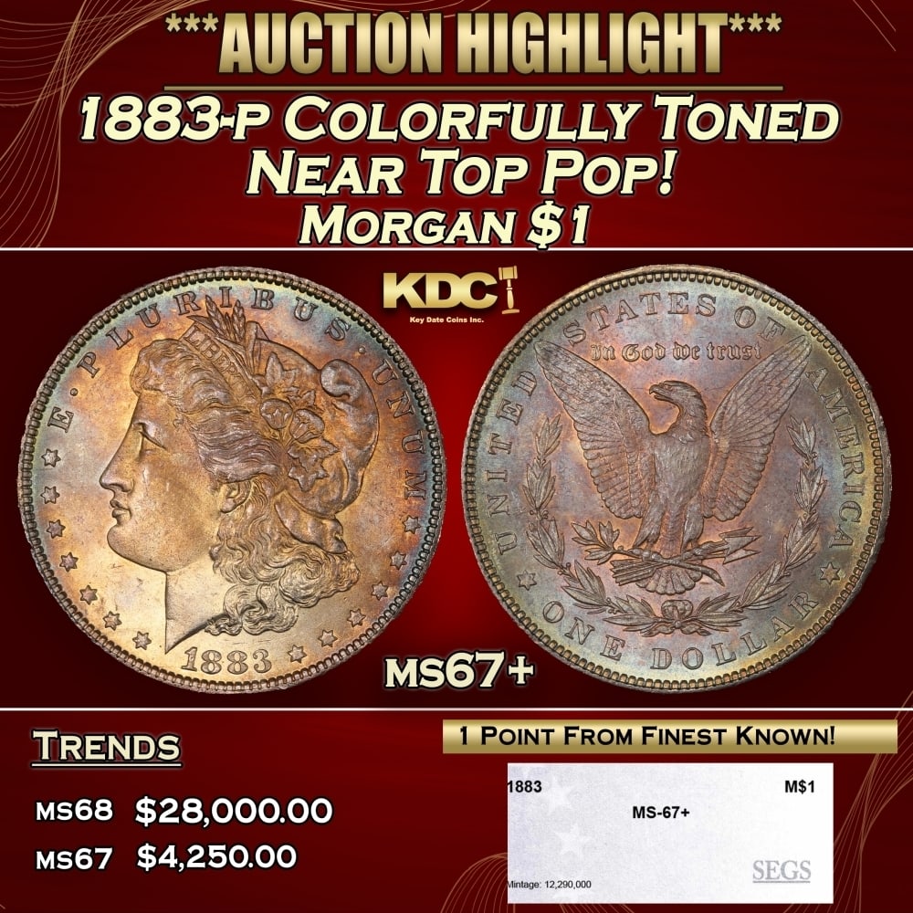 1883-p Morgan Dollar Colorfully Toned Near Top Pop! $1 ms67+ SEGS: 1883-p Colorfully Toned Near Top Pop! Morgan Dollar $1 ms67+ SEGS. 0