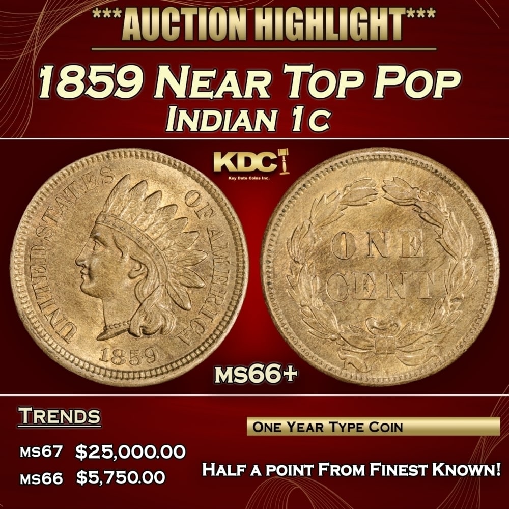 1859 Indian Cent Near Top Pop 1c ms66+ SEGS: 1859 Near Top Pop Indian Cent 1c ms66+ SEGS. 0