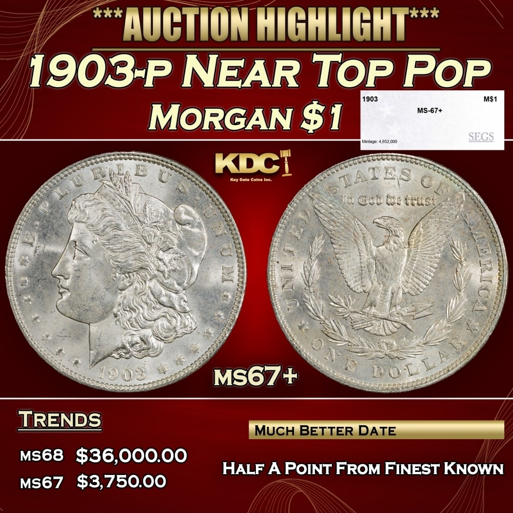 1903-p Morgan Dollar Near Top Pop $1 ms67+ SEGS: 1903-p Near Top Pop Morgan Dollar $1 ms67+ SEGS. 0