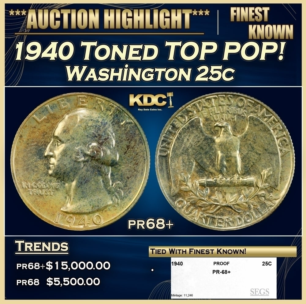 1940 Proof Washington Quarter Toned TOP POP! 25c pr68+ SEGS: 1940 Toned TOP POP! Washington Quarter 25c pr68+ SEGS. 0