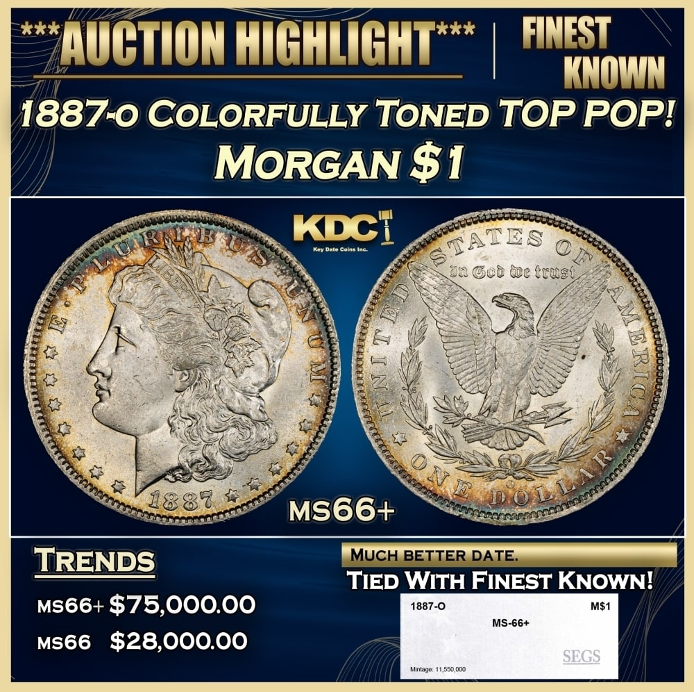 1887-o Morgan Dollar Colorfully Toned TOP POP! $1 ms66+ SEGS: 1887-o Colorfully Toned TOP POP! Morgan Dollar $1 ms66+ SEGS. 0