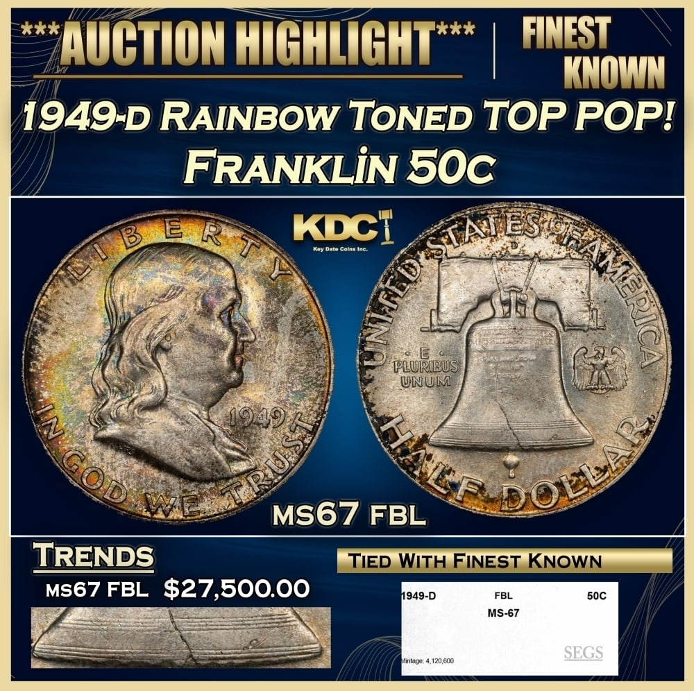 1949-d Franklin Half Dollar Rainbow Toned TOP POP! 50c ms67 fbl SEGS: 1949-d Rainbow Toned TOP POP! Franklin Half Dollar 50c ms67 fbl SEGS. 0