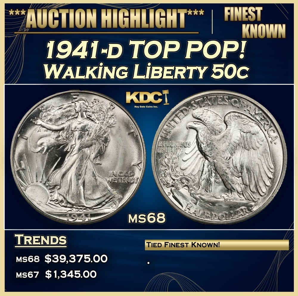 1941-d Walking Liberty Half Dollar TOP POP! 50c ms68 SEGS: 1941-d TOP POP! Walking Liberty Half Dollar 50c ms68 SEGS.