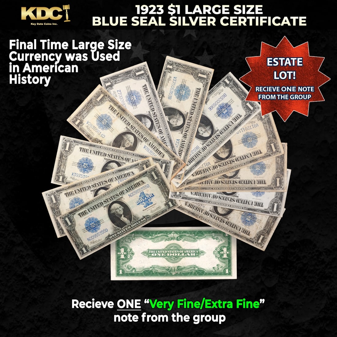 1x 1923 $1 Large Size Silver Certificate Grades VF/XF: 1x 1923 $1 Large Size Silver Certificate Grades VF/XF. The term "horse blanket" gets used a lot when talking about large size currency. It is most frequently used to describe this bank note. All large