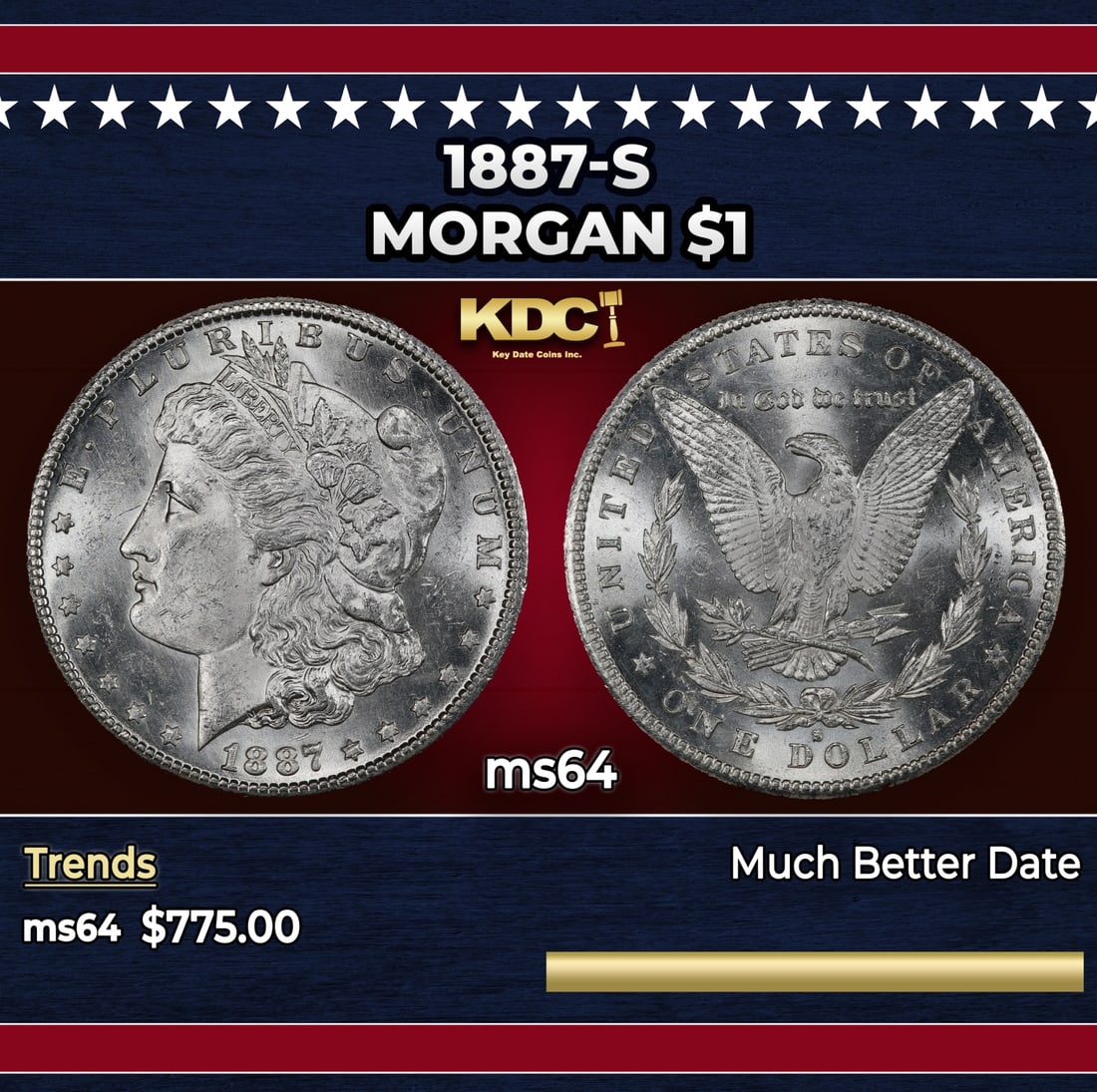 1887-s Morgan Dollar $1 ms64 SEGS: 1887-s Morgan Dollar $1 ms64 SEGS.