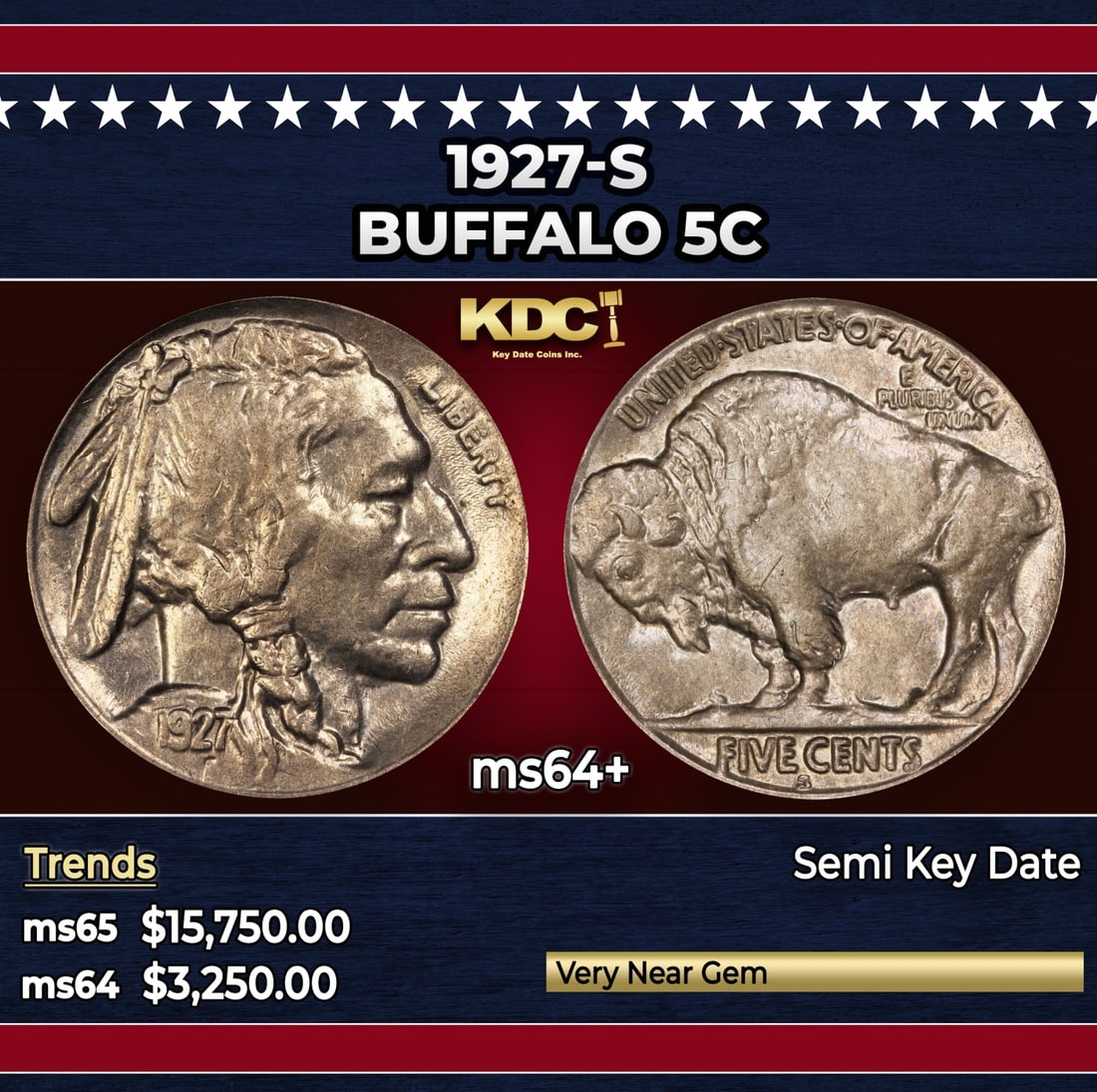 1927-s Buffalo Nickel 5c ms64+ SEGS: 1927-s Buffalo Nickel 5c ms64+ SEGS. Per David Hall of PCGS "The 1927-S is semi-common in lower circulated grades, but quite scarce in grades VF20 and above. It is rare in mint state and one of the ra