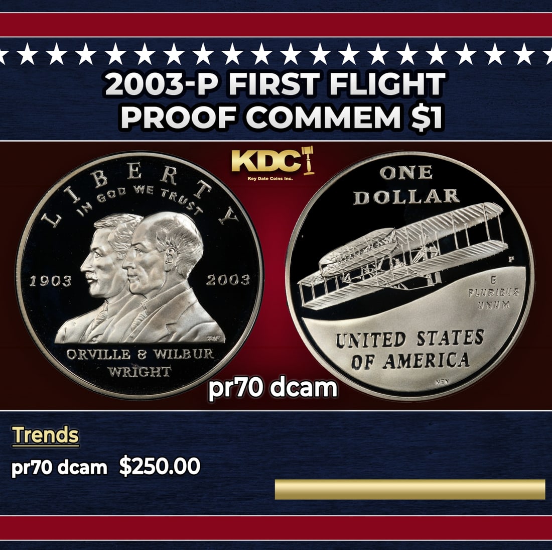 2003-P First Flight Proof Modern Commem Dollar $1 pr70 dcam SEGS: 2003-P First Flight Modern Commem Dollar $1 pr70 dcam SEGS. Historic precious metal trends is causing increased spot pricing by the day. On auctions with set openings, we are doing our best to have it