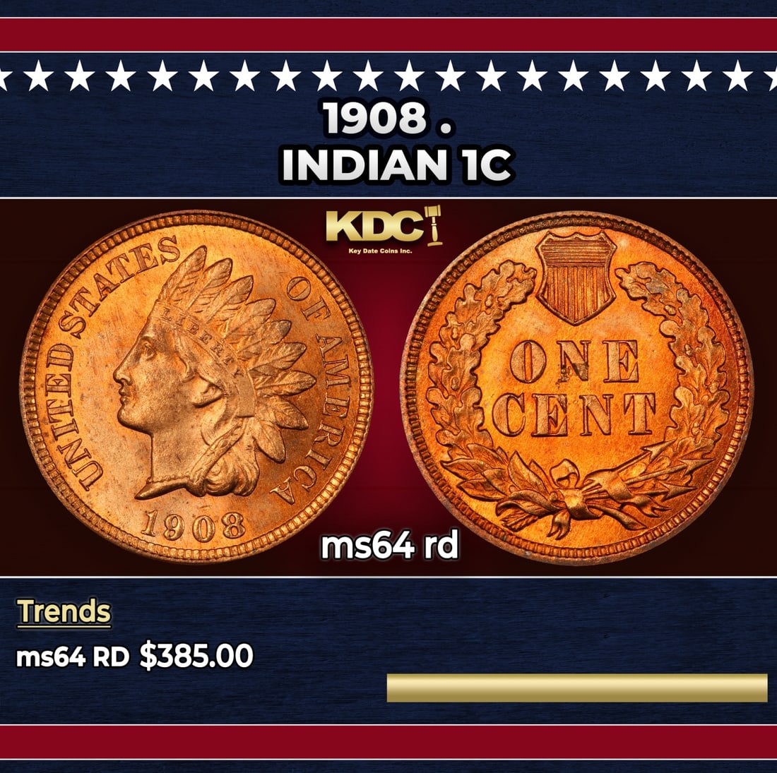 1908 Indian Cent . 1c Grades ms64 rd: 1908 . Indian Cent 1c Grades ms64 rd. Historic precious metal trends is causing increased spot pricing by the day. On auctions with set openings, we are doing our best to have items priced at their ma