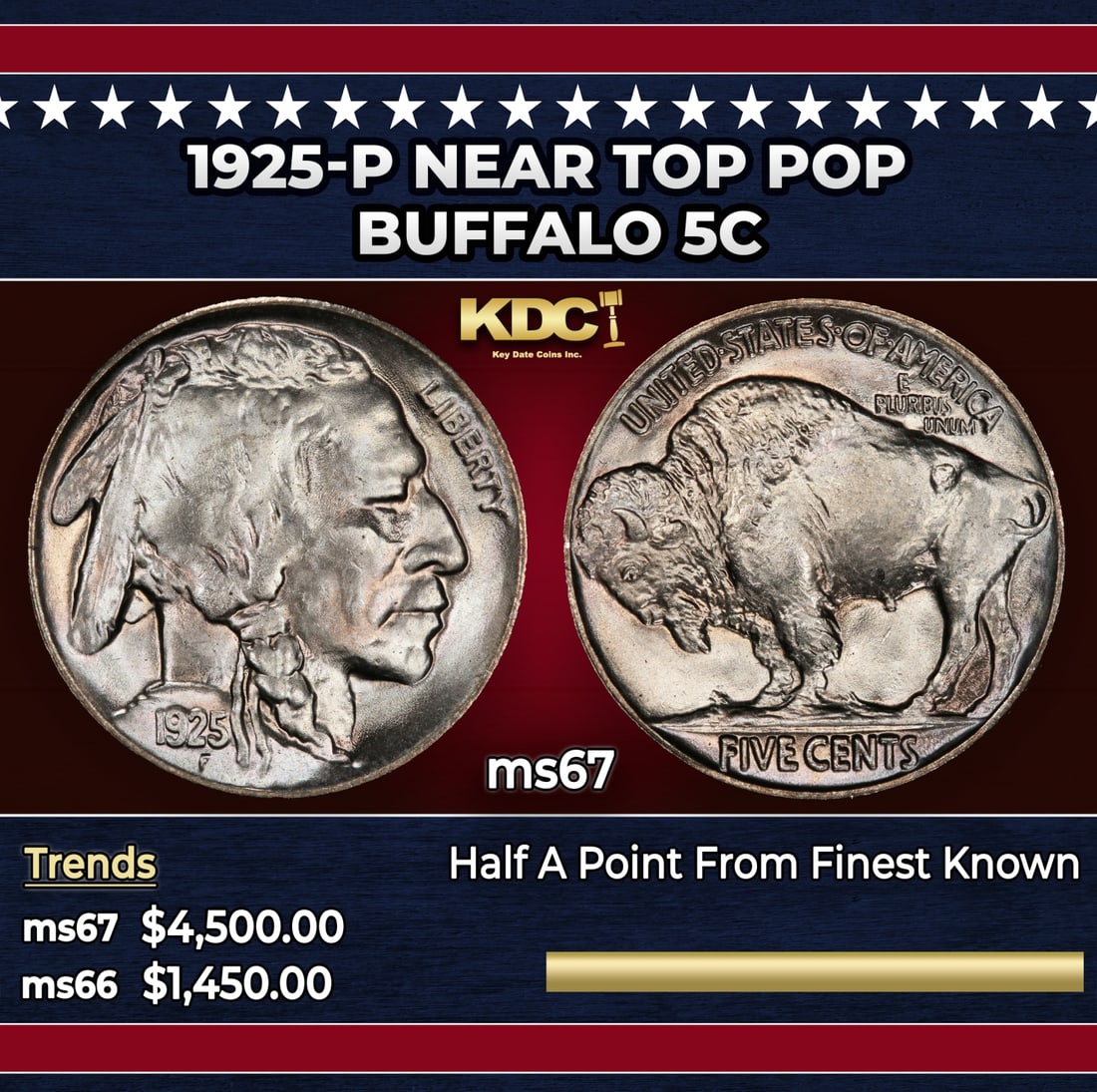 1925-p Buffalo Nickel Near Top Pop 5c ms67 SEGS: 1925-p Near Top Pop Buffalo Nickel 5c ms67 SEGS. Historic precious metal trends is causing increased spot pricing by the day. On auctions with set openings, we are doing our best to have items priced 