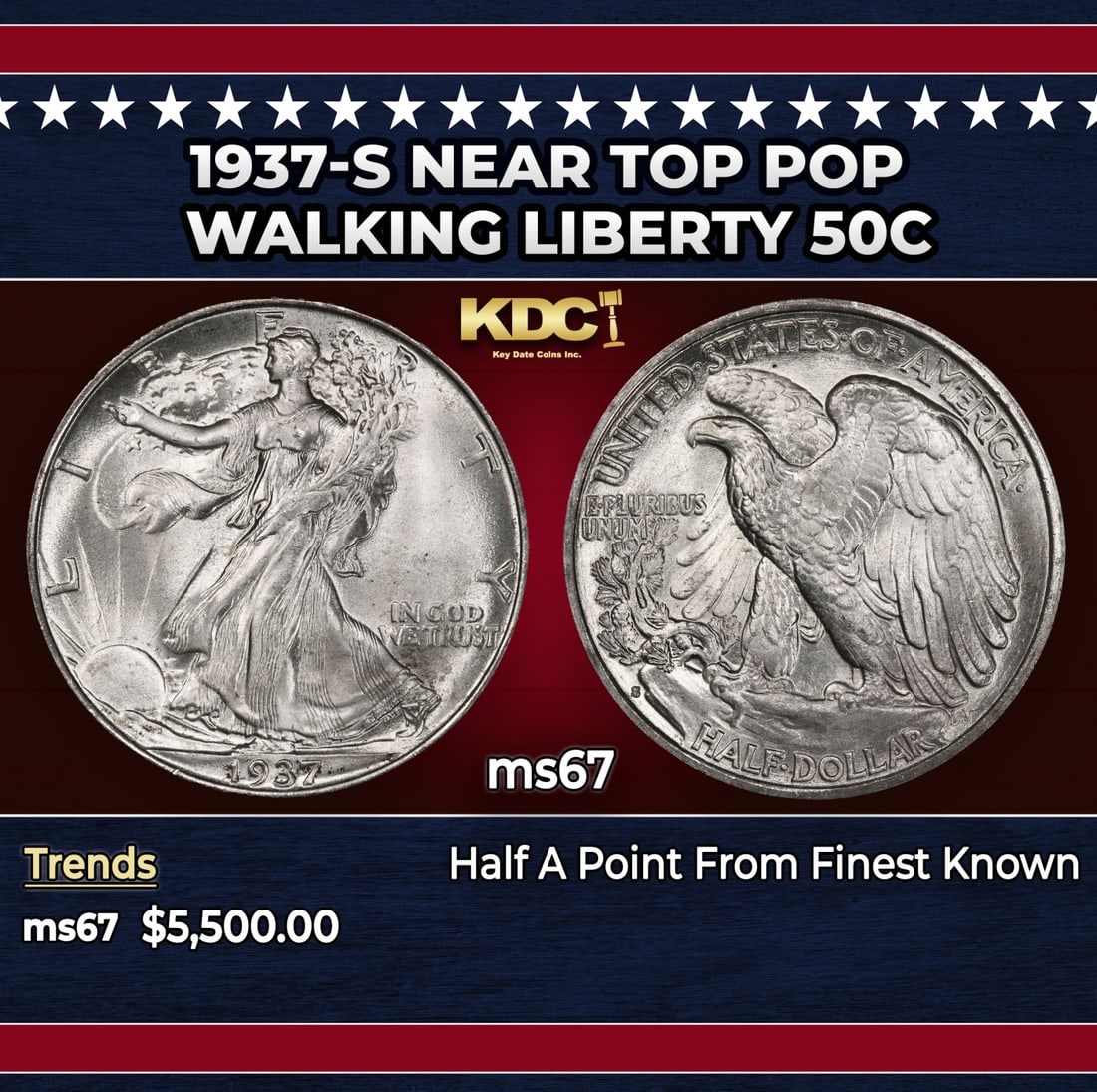 1937-s Walking Liberty Half Dollar Near Top Pop 50c ms67 SEGS: 1937-s Near Top Pop Walking Liberty Half Dollar 50c ms67 SEGS. Historic precious metal trends is causing increased spot pricing by the day. On auctions with set openings, we are doing our best to have