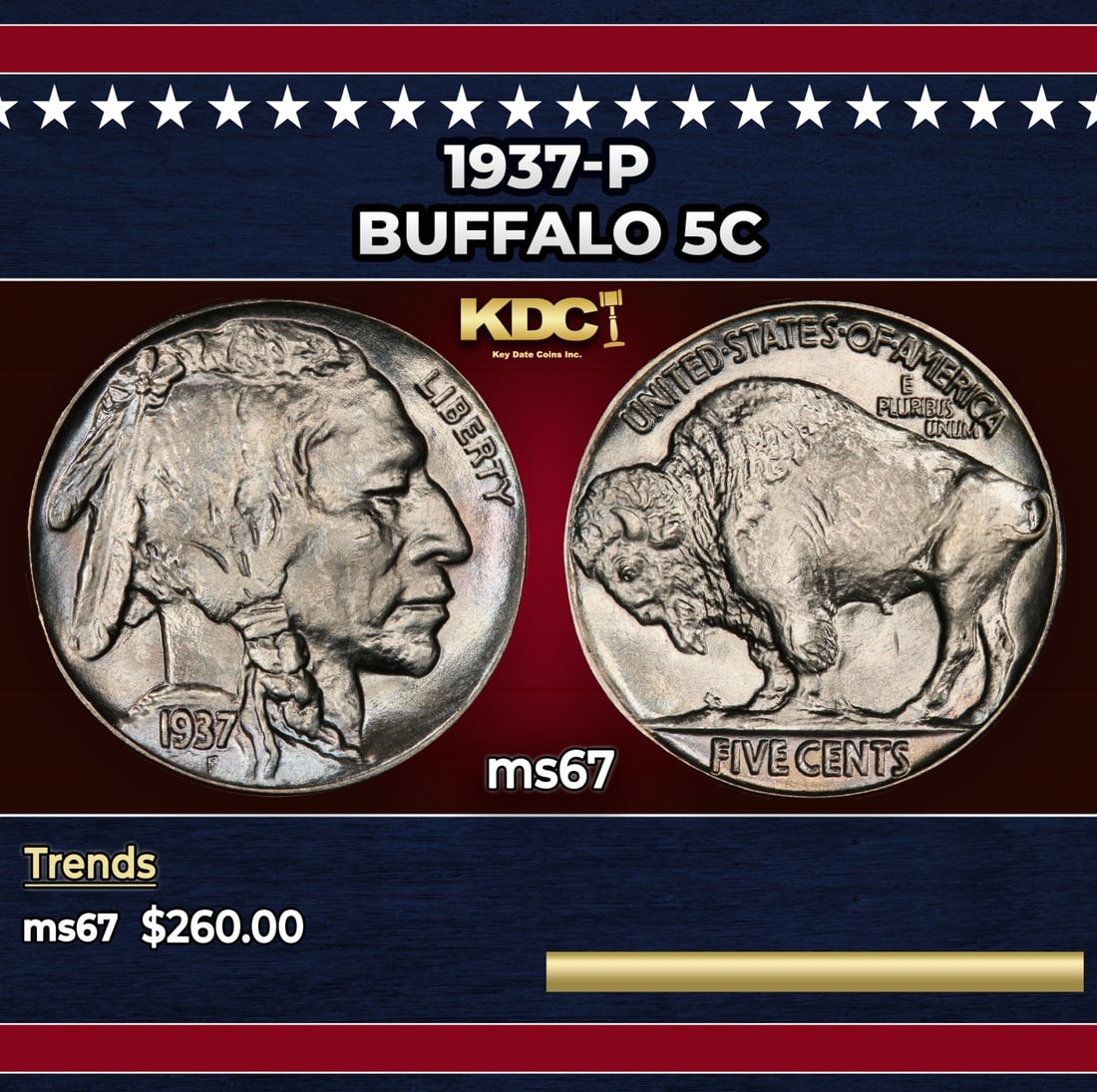 1937-p Buffalo Nickel 5c ms67 SEGS: 1937-p Buffalo Nickel 5c ms67 SEGS. Historic precious metal trends is causing increased spot pricing by the day. On auctions with set openings, we are doing our best to have items priced at their mark