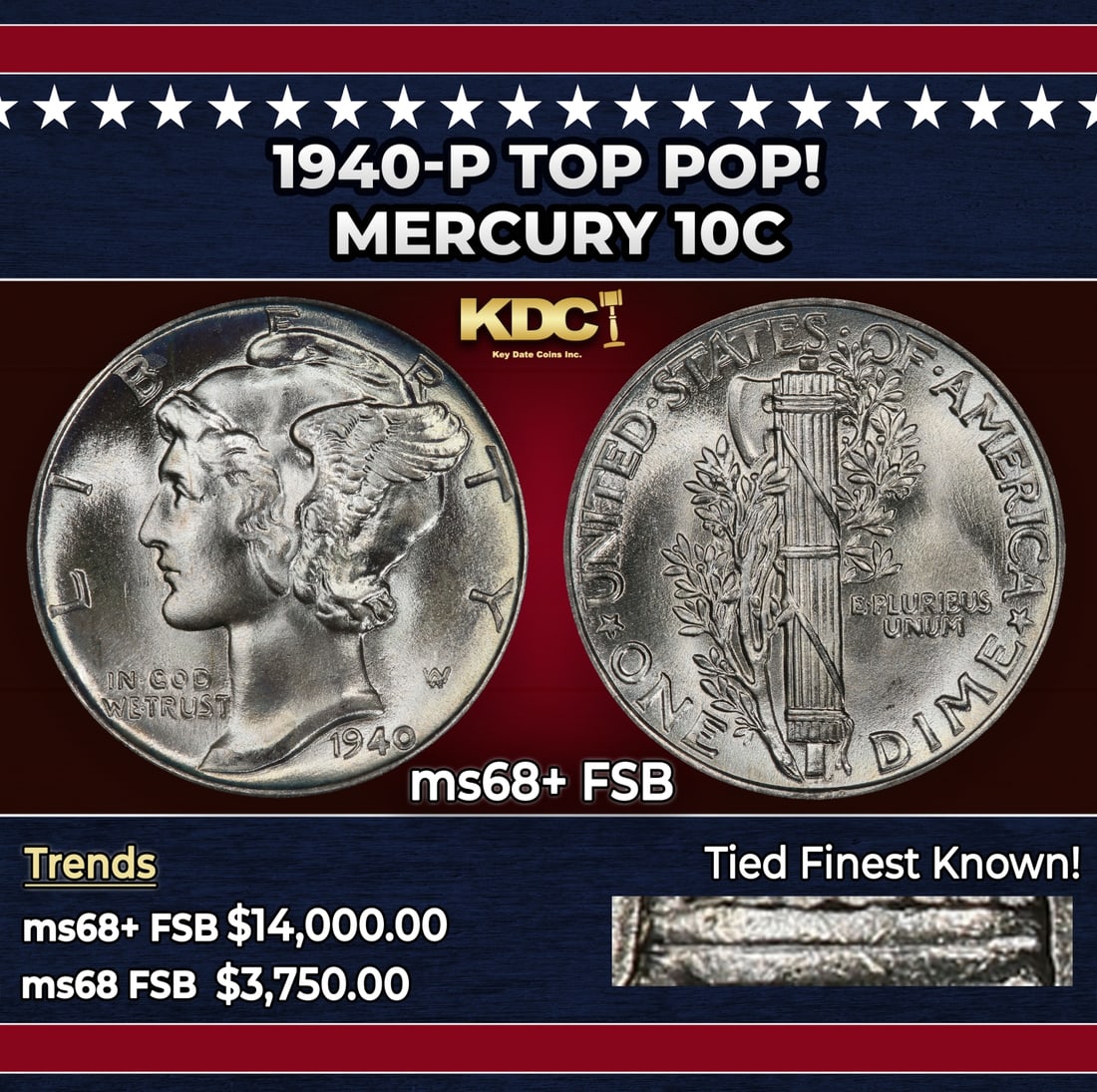 1940-p Mercury Dime TOP POP! 10c ms68+ FSB SEGS: 1940-p TOP POP! Mercury Dime 10c ms68+ FSB SEGS. Historic precious metal trends is causing increased spot pricing by the day. On auctions with set openings, we are doing our best to have items priced 
