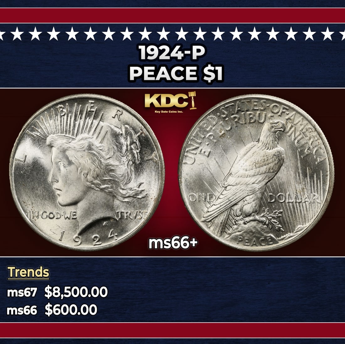 1924-p Peace Dollar $1 ms66+ SEGS: 1924-p Peace Dollar $1 ms66+ SEGS. Historic precious metal trends is causing increased spot pricing by the day. On auctions with set openings, we are doing our best to have items priced at their marke