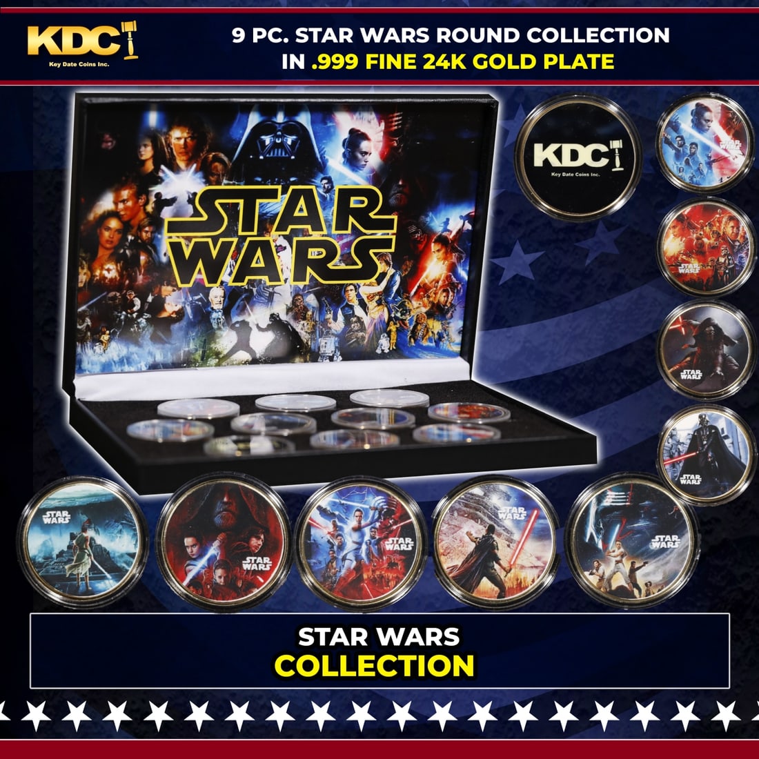 9 Coin Disney Star Wars Gold Plated Round Collection: 9 Coin Disney Star Wars Gold Plated Round Collection. Please Note All Backer Cards may have slight differences but will be very similar if not identical to the one in the photo