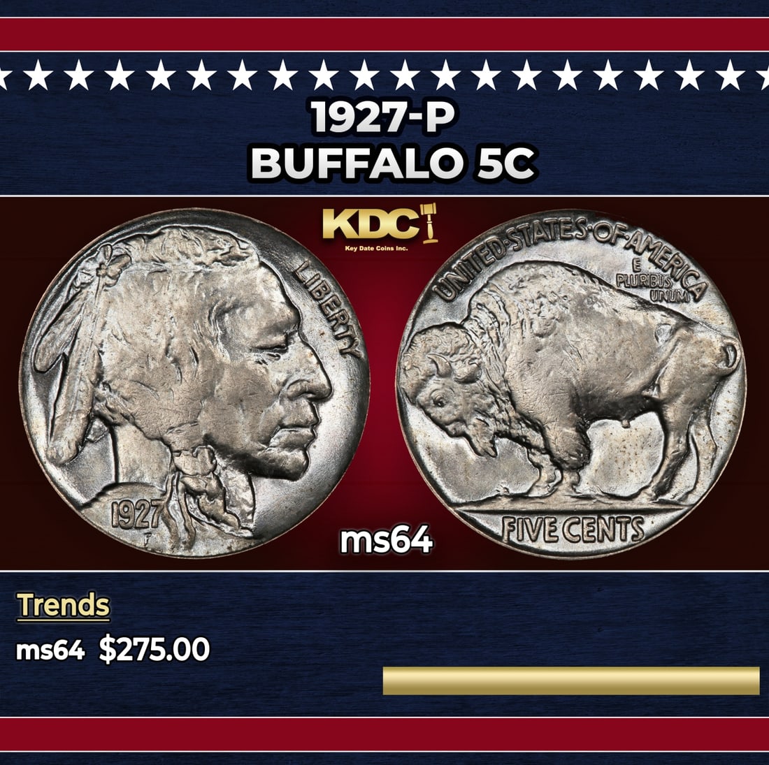 1927-p Buffalo Nickel 5c Grades ms64: 1927-p Buffalo Nickel 5c Grades ms64. Historic precious metal trends is causing increased spot pricing by the day. On auctions with set openings, we are doing our best to have items priced at their ma